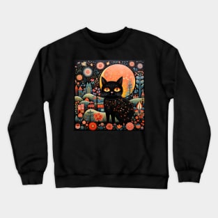 Surrealistic Folk Art Dark Floral Motif Black Cat Design Crewneck Sweatshirt